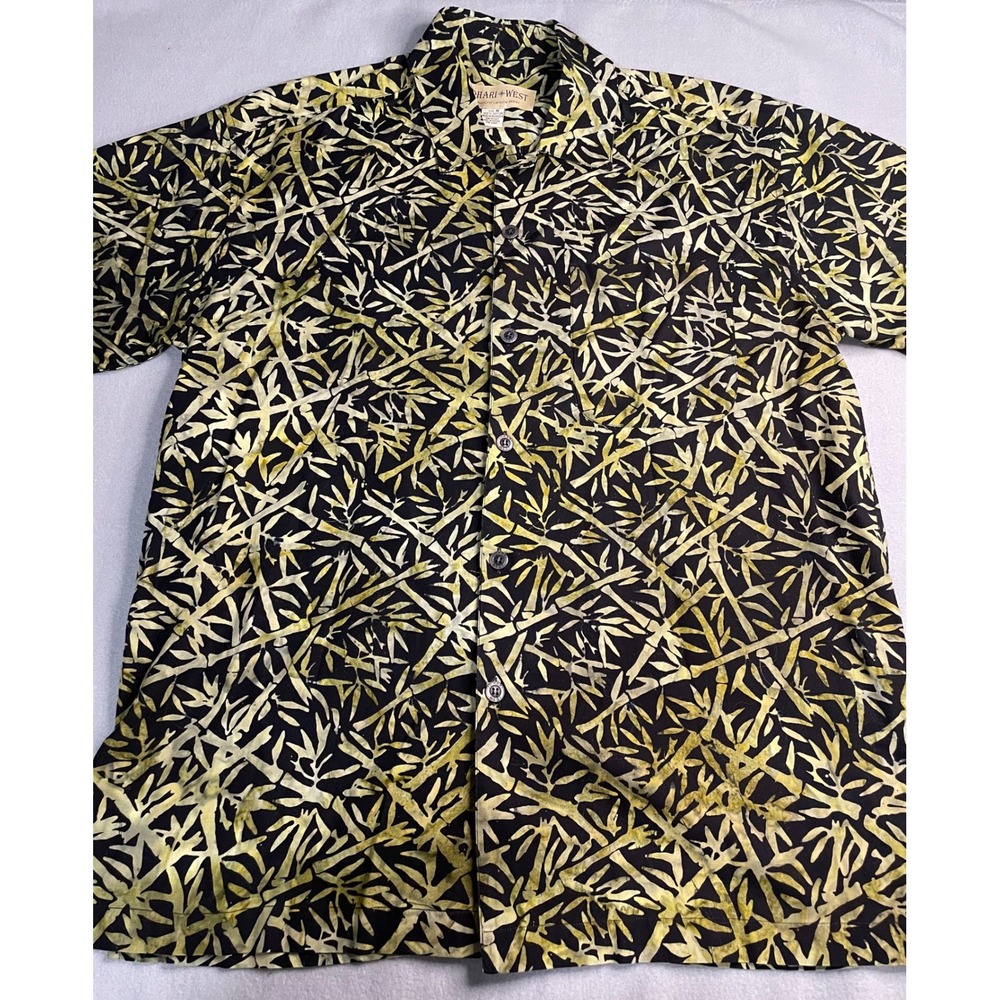 Johari West Mens Medium Cotton Batik Bamboo Print Short Sleeve Button Up Shirt